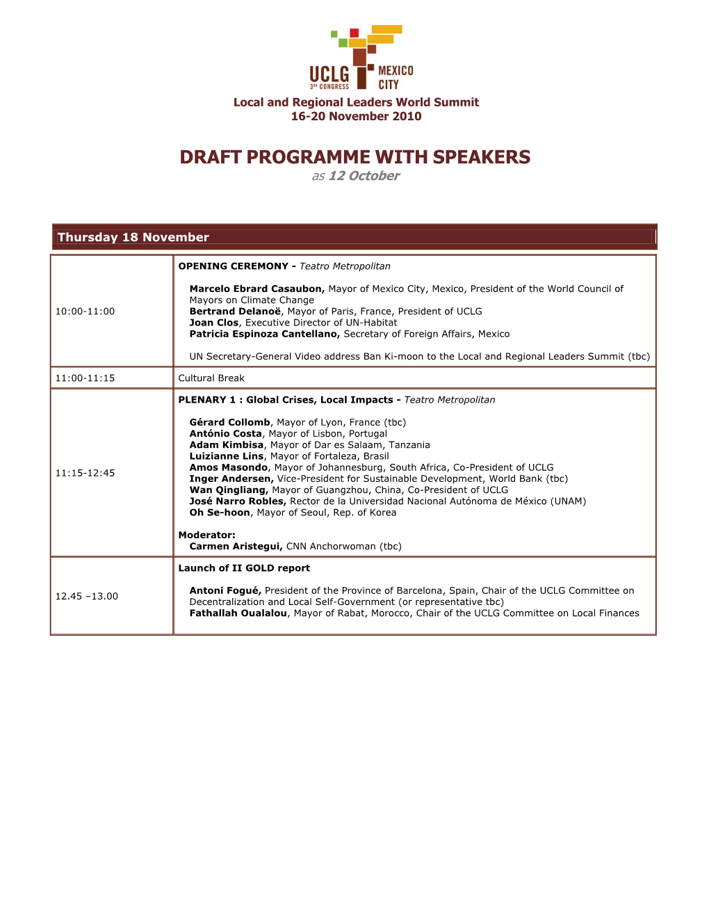 UCLG Programme As of 22Oct2010
