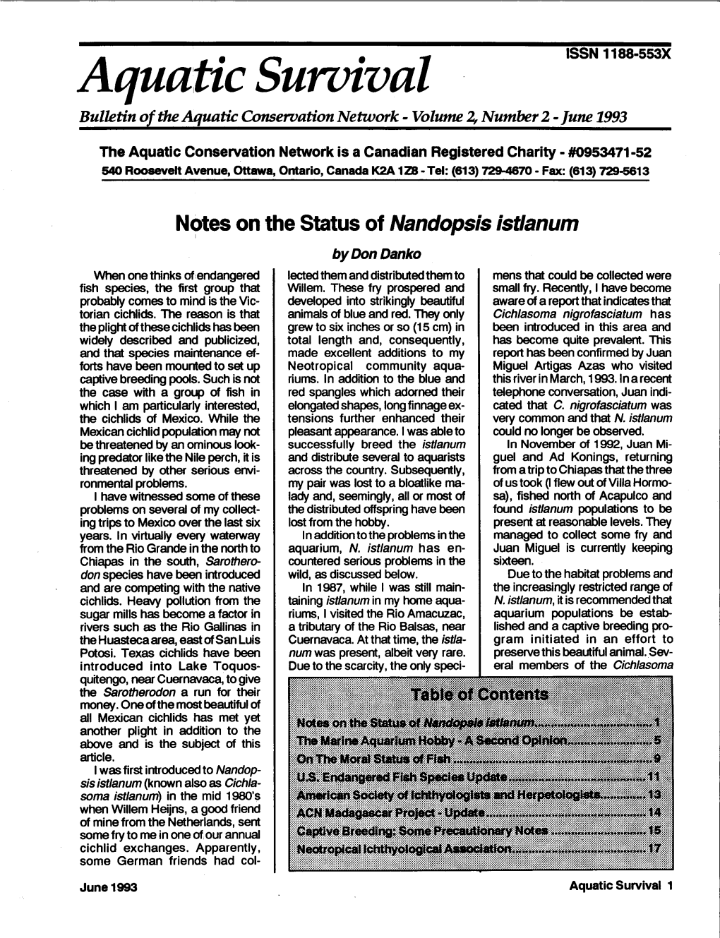 Aqua:Tic Sureiaal Bullctin of Tlrc Aquatb C-Onserrationneftuork - Vohtttu 2O Number 2 - Furu 7993