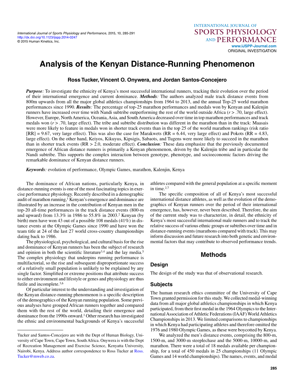 Analysis of the Kenyan Distance-Running Phenomenon
