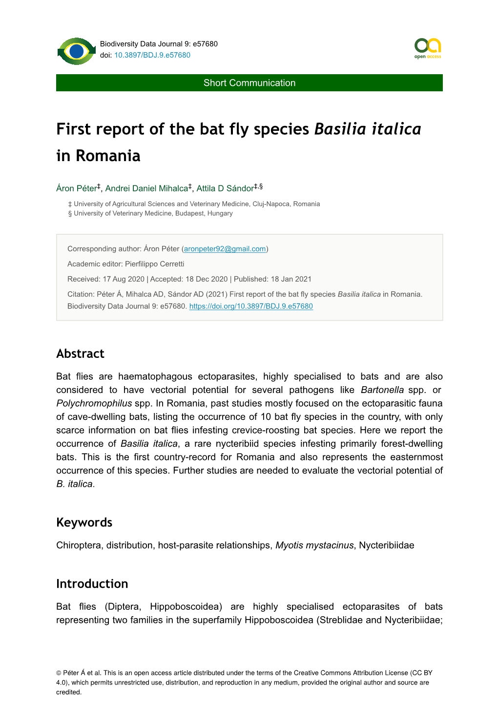 First Report of the Bat Fly Species Basilia Italica in Romania
