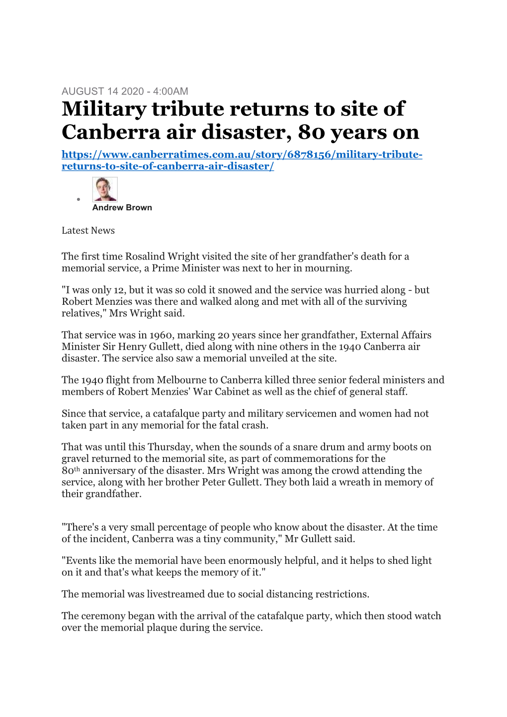 Military Tribute Returns to Site of Canberra Air Disaster, 80 Years On