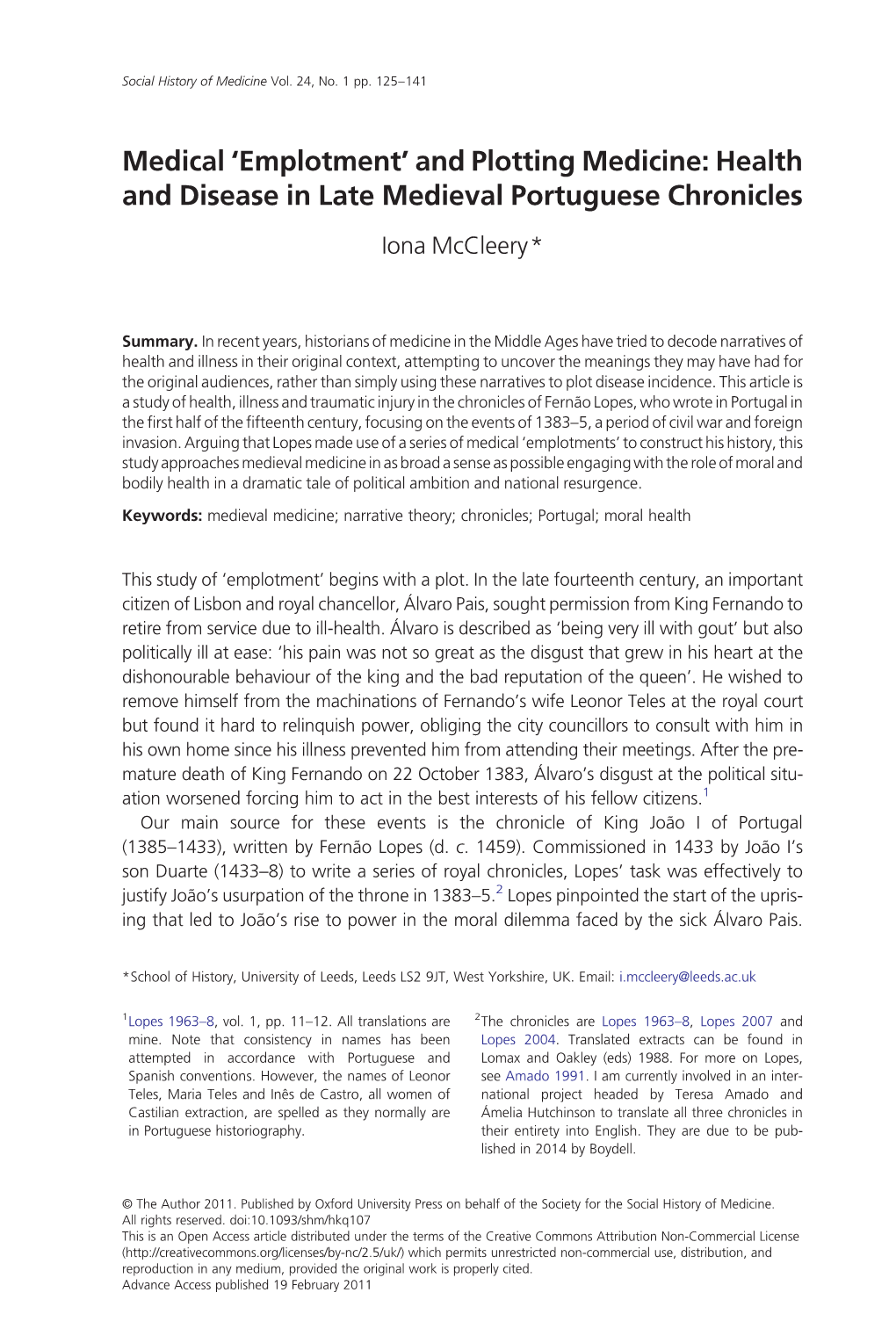 Health and Disease in Late Medieval Portuguese Chronicles Iona Mccleery*
