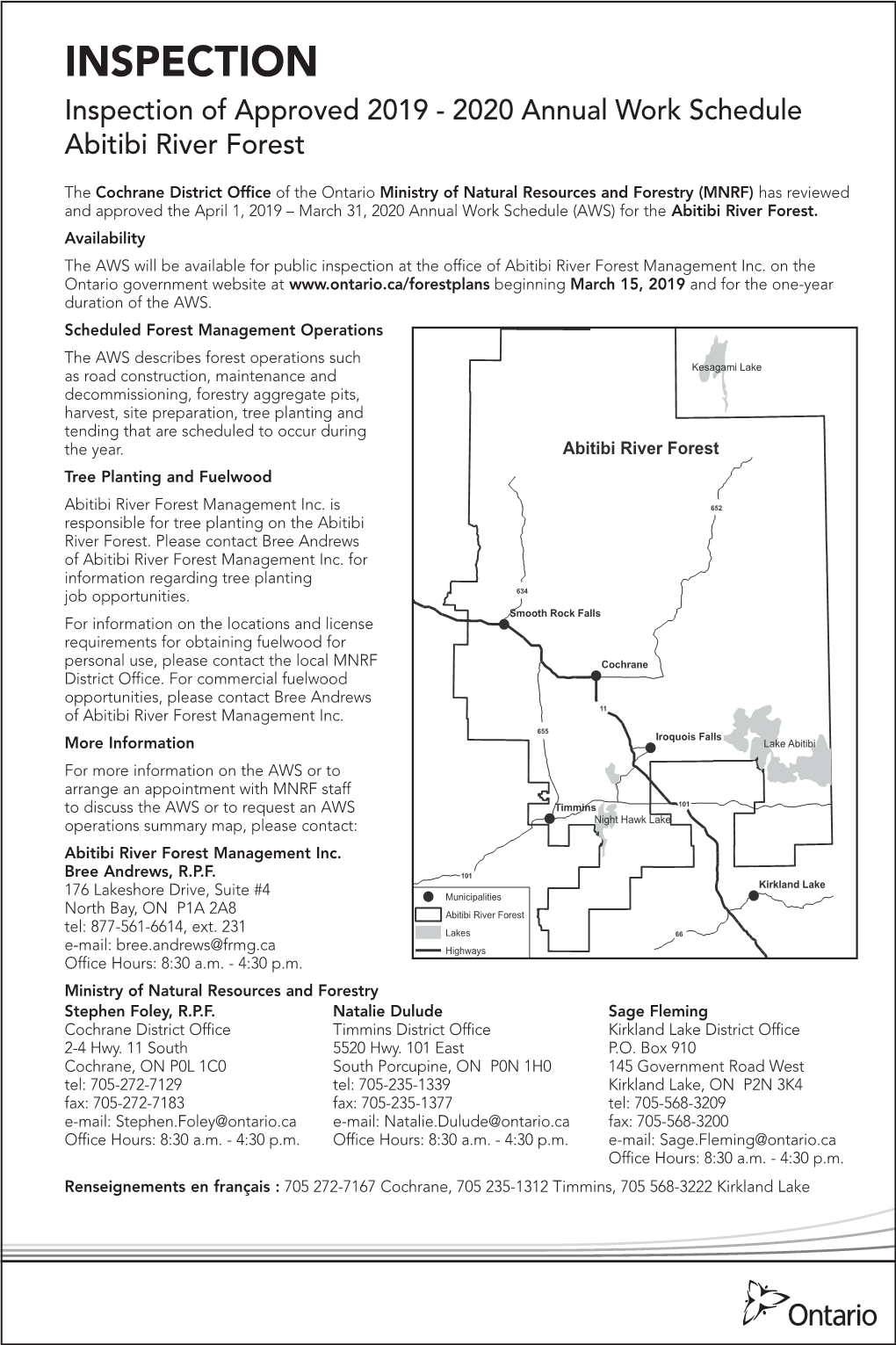 INSPECTION Inspection of Approved 2019 - 2020 Annual Work Schedule Abitibi River Forest