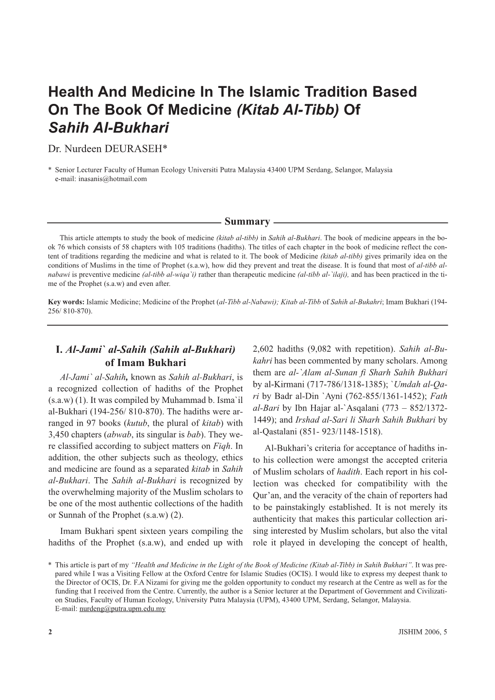 Kitab Al-Tibb) of Sahih Al-Bukhari Dr