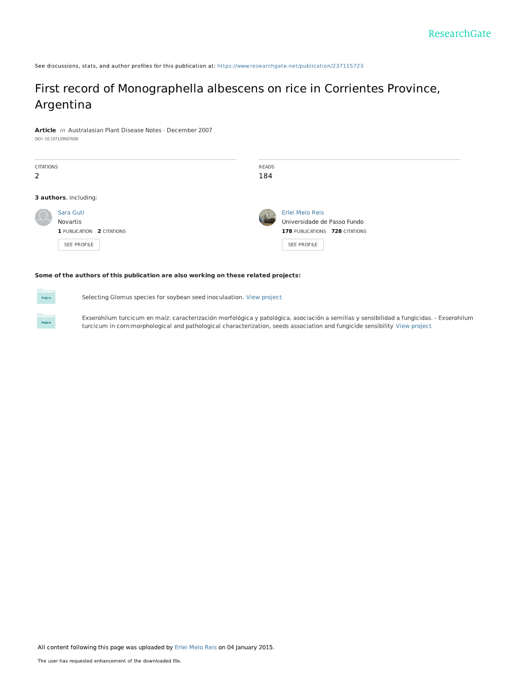 First Record of Monographella Albescens on Rice in Corrientes Province, Argentina