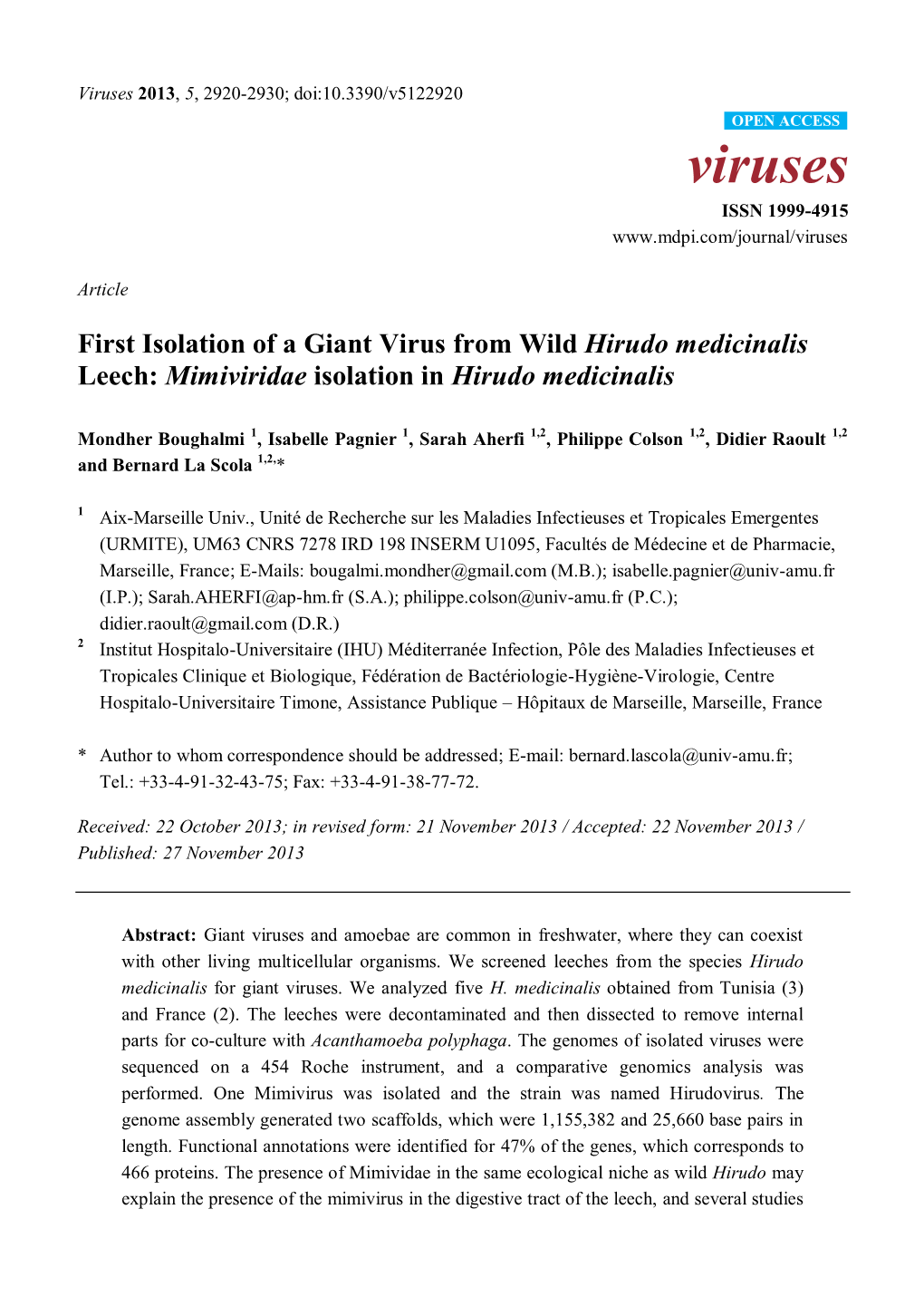 First Isolation of a Giant Virus from Wild Hirudo Medicinalis Leech: Mimiviridae Isolation in Hirudo Medicinalis