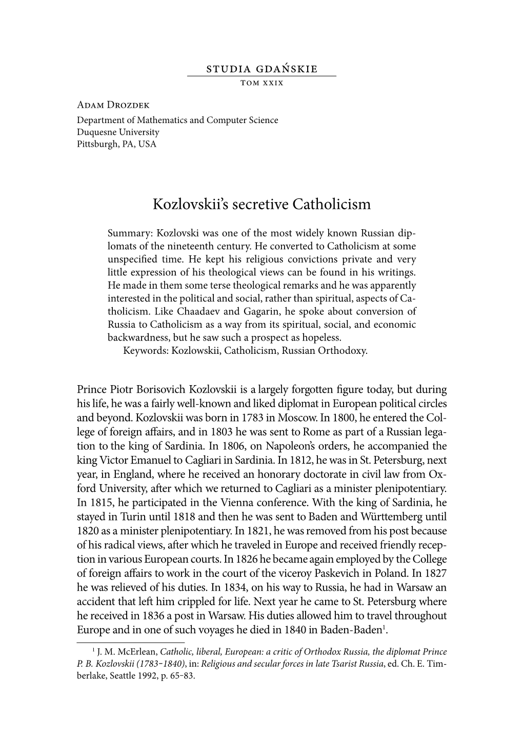 Kozlovskii's Secretive Catholicism