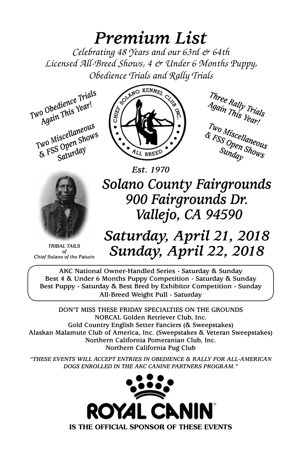 Premium List Celebrating 48 Years and Our 63Rd & 64Th Licensed All-Breed Shows, 4 & Under 6 Months Puppy, Obedience Trials and Rally Trials