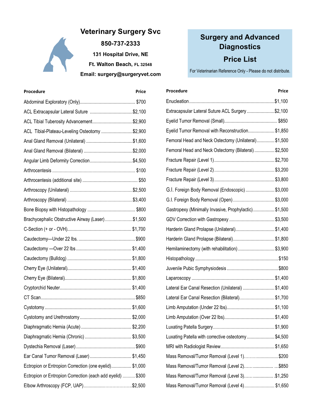 Veterinary Surgery Svc Surgery and Advanced Diagnostics Price List