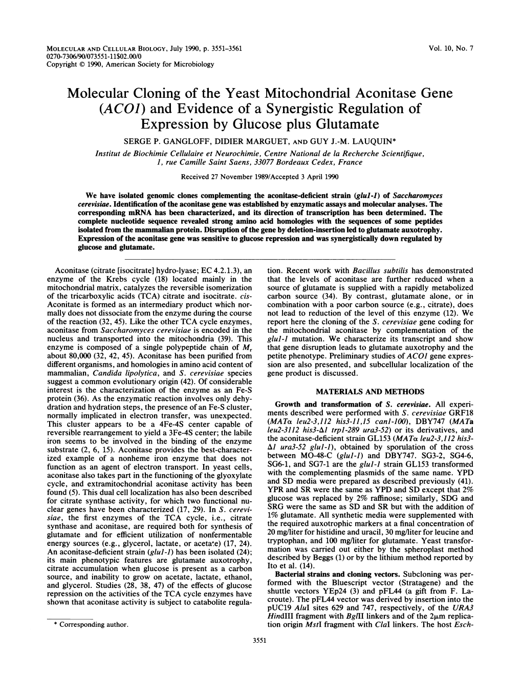 Molecular Cloning of the Yeast Mitochondrial Aconitase Gene (ACOI) and Evidence of a Synergistic Regulation of Expression by Glucose Plus Glutamate SERGE P