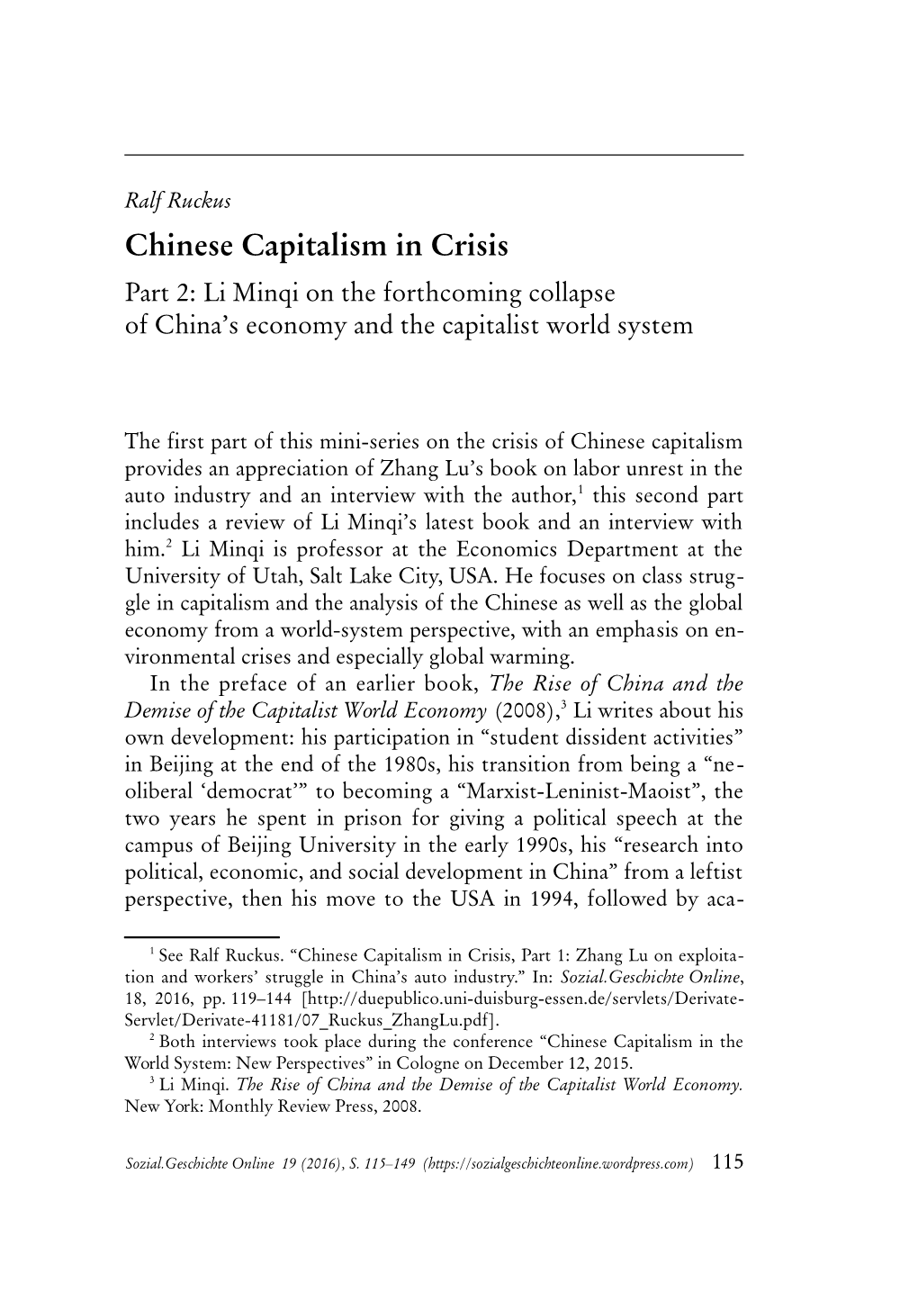 Chinese Capitalism in Crisis Part 2: Li Minqi on the Forthcoming Collapse of China’S Economy and the Capitalist World System