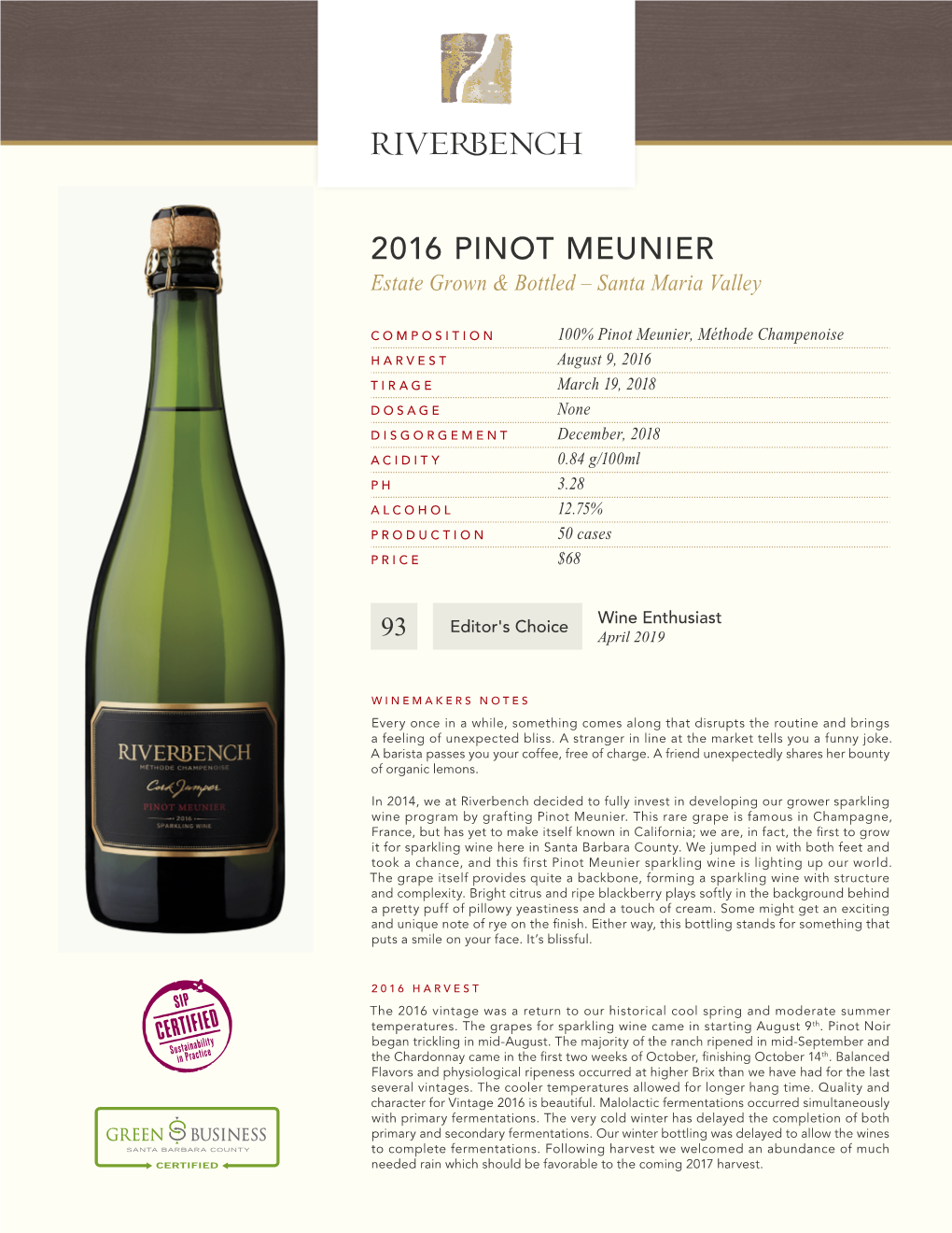 2016 PINOT MEUNIER Estate Grown & Bottled – Santa Maria Valley