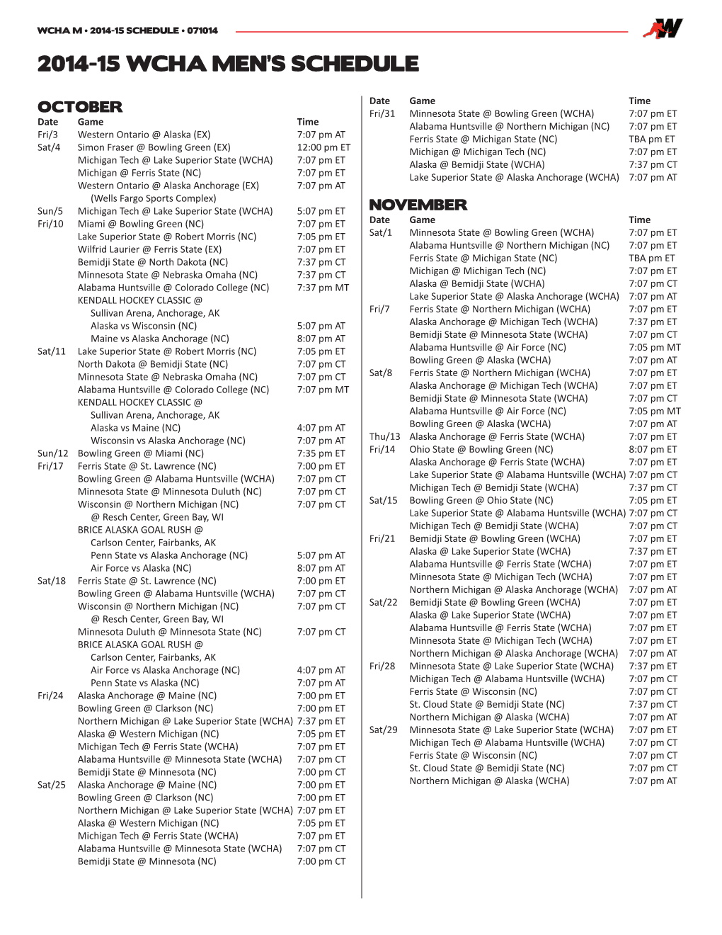 2014-15 Wcha Men's Schedule