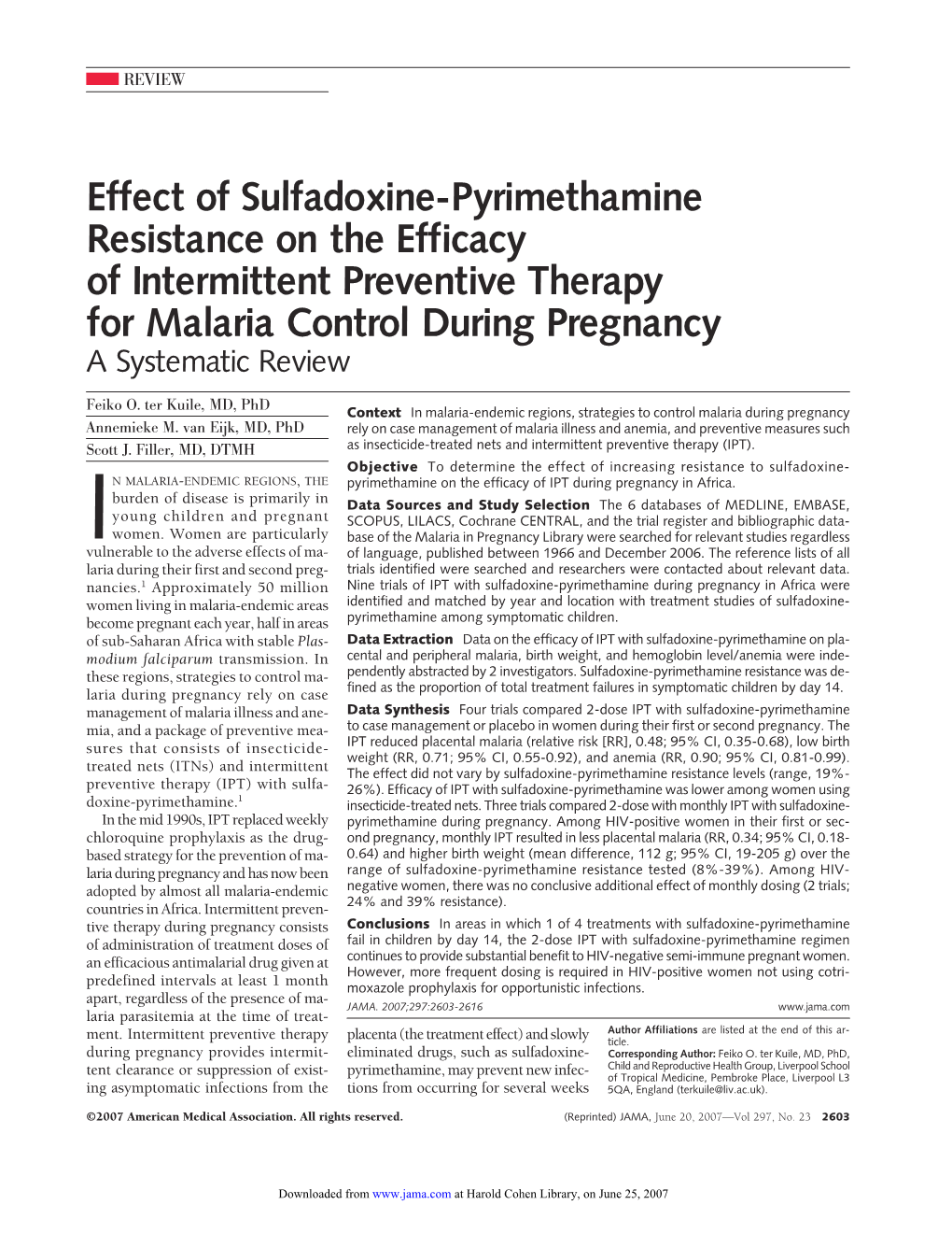 Effect of Sulfadoxine-Pyrimethamine Resistance on the Efficacy of Intermittent Preventive Therapy for Malaria Control During Pregnancy a Systematic Review