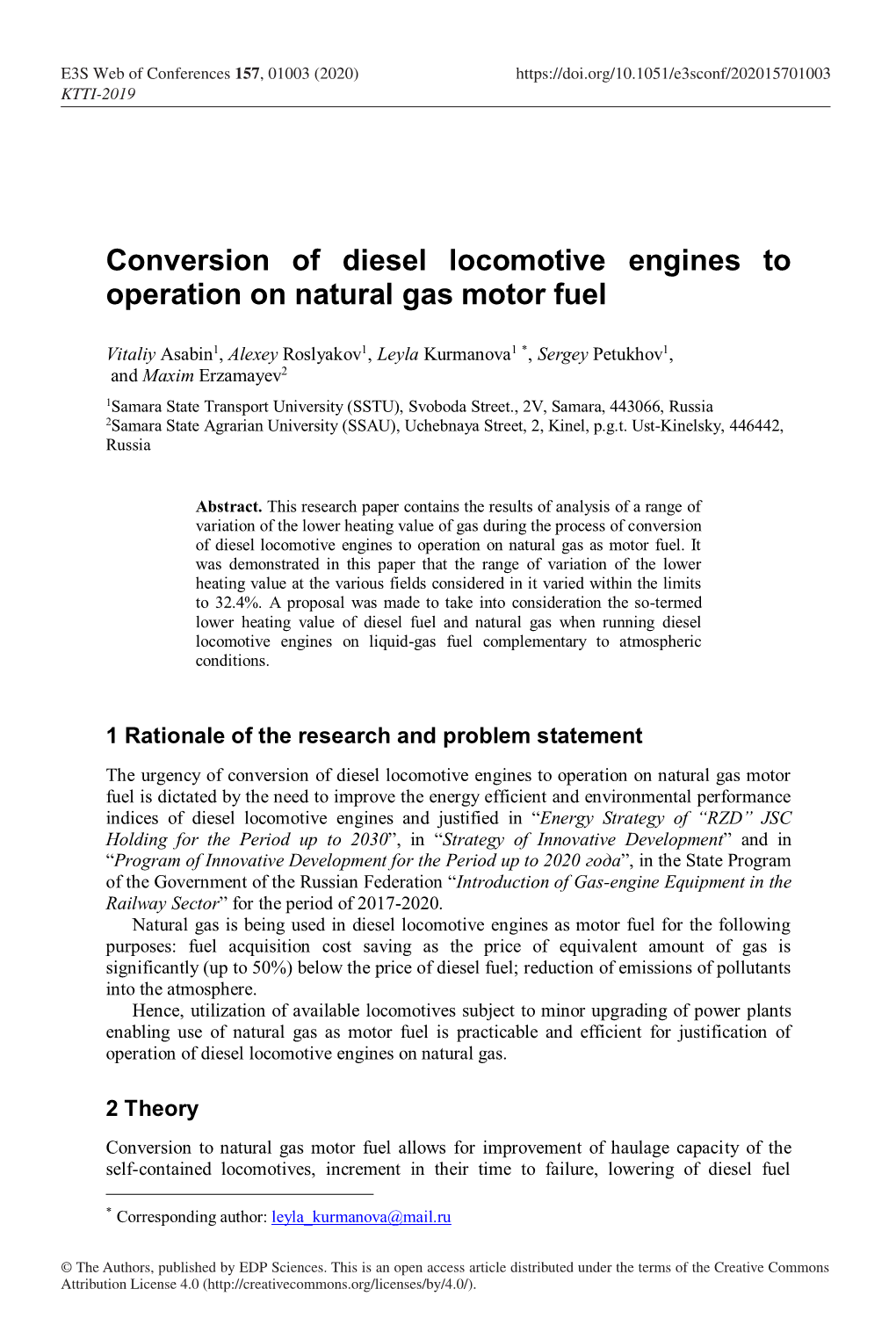 Conversion of Diesel Locomotive Engines to Operation on Natural Gas Motor Fuel