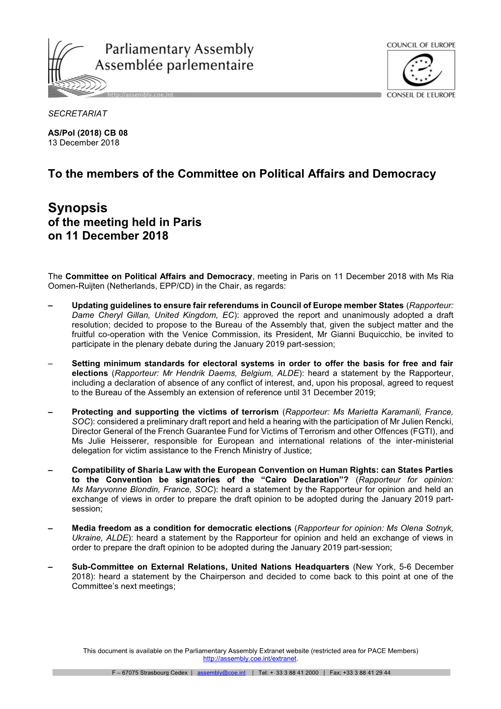 Synopsis of the Meeting Held in Paris on 11 December 2018