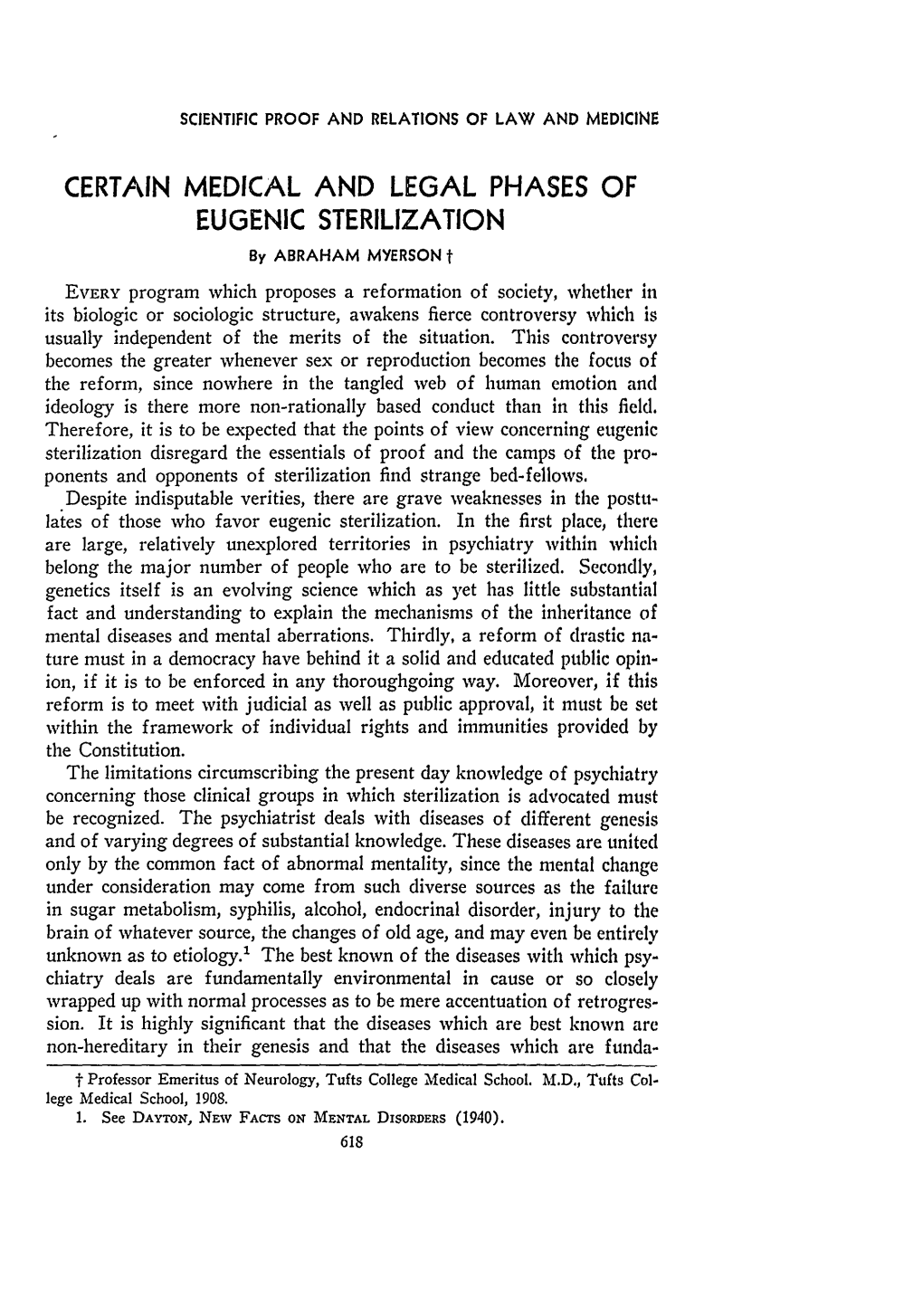 CERTAIN MEDICAL and LEGAL PHASES of EUGENIC STERILIZATION by ABRAHAM MYERSON T