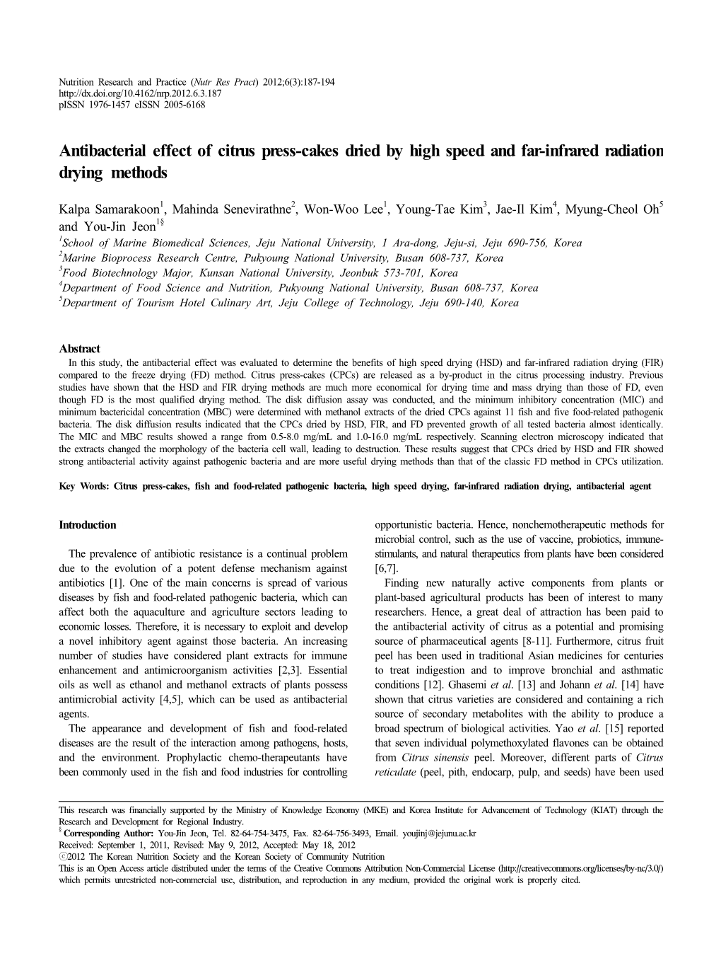 Antibacterial Effect of Citrus Press-Cakes Dried by High Speed and Far-Infrared Radiation Drying Methods