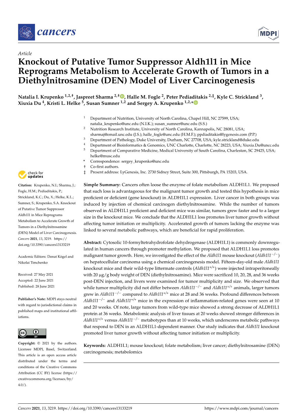 Knockout of Putative Tumor Suppressor Aldh1l1 in Mice Reprograms Metabolism to Accelerate Growth of Tumors in a Diethylnitrosamine (DEN) Model of Liver Carcinogenesis