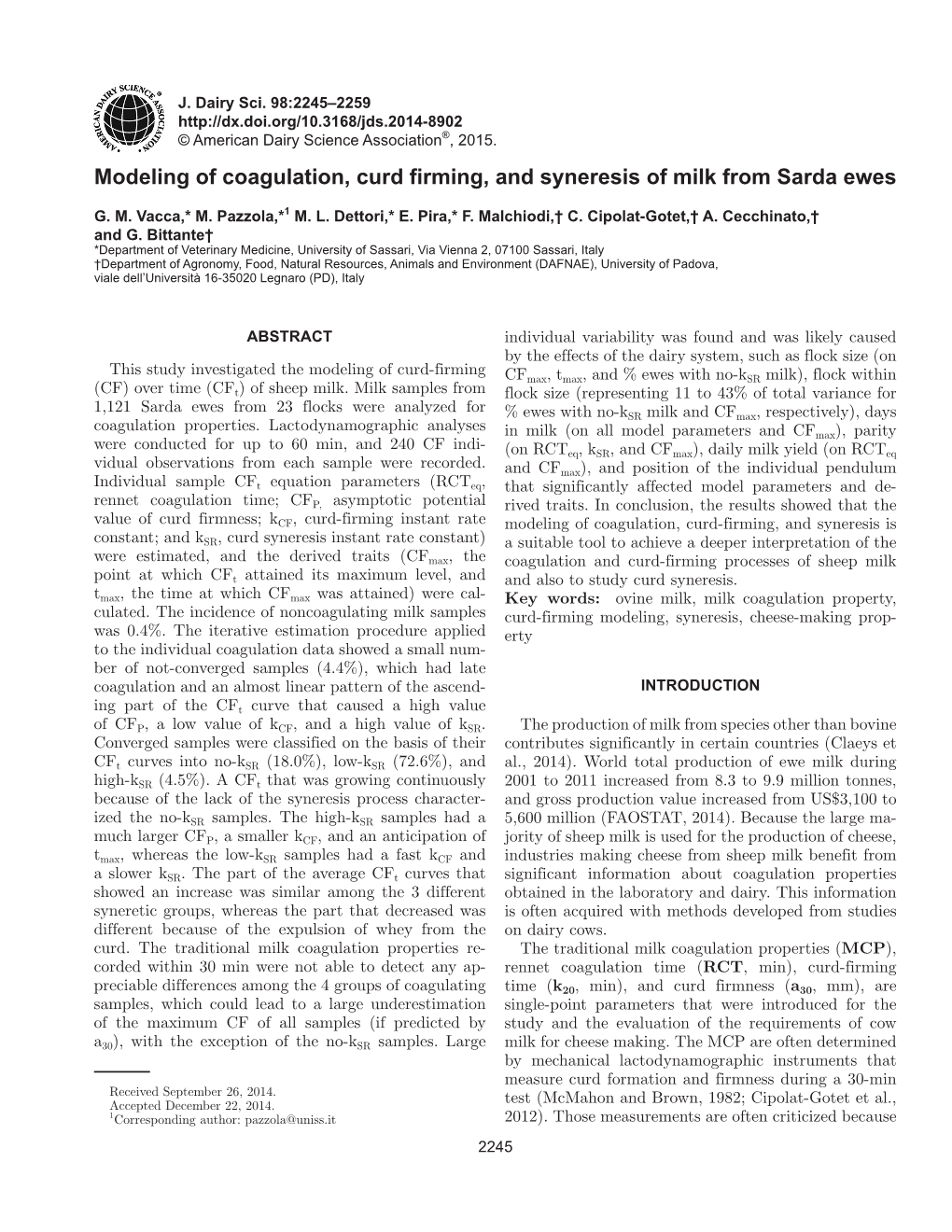 Modeling of Coagulation, Curd Firming, and Syneresis of Milk from Sarda Ewes