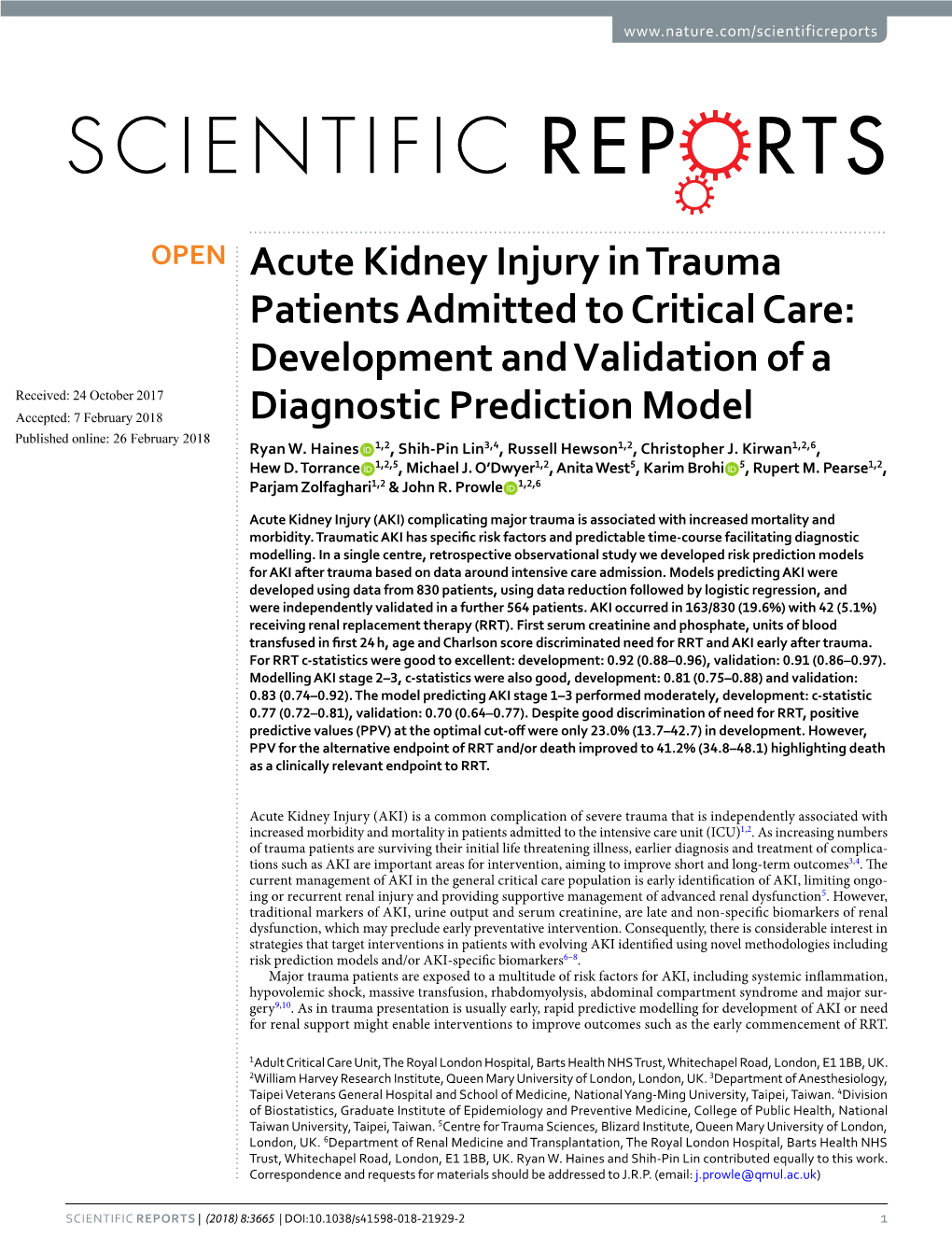 Acute Kidney Injury in Trauma Patients Admitted to Critical Care