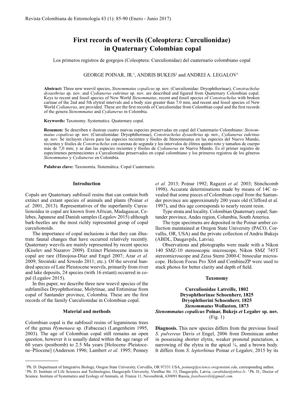 Coleoptera: Curculionidae) in Quaternary Colombian Copal