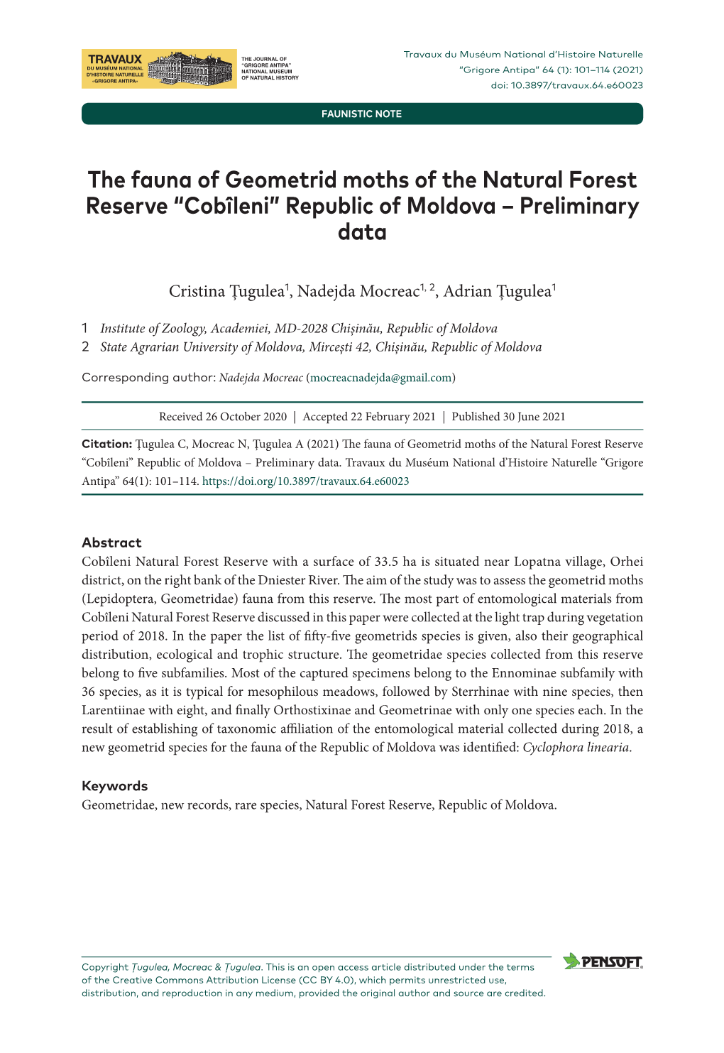 The Fauna of Geometrid Moths of the Natural Forest Reserve “Cobîleni” Republic of Moldova – Preliminary Data