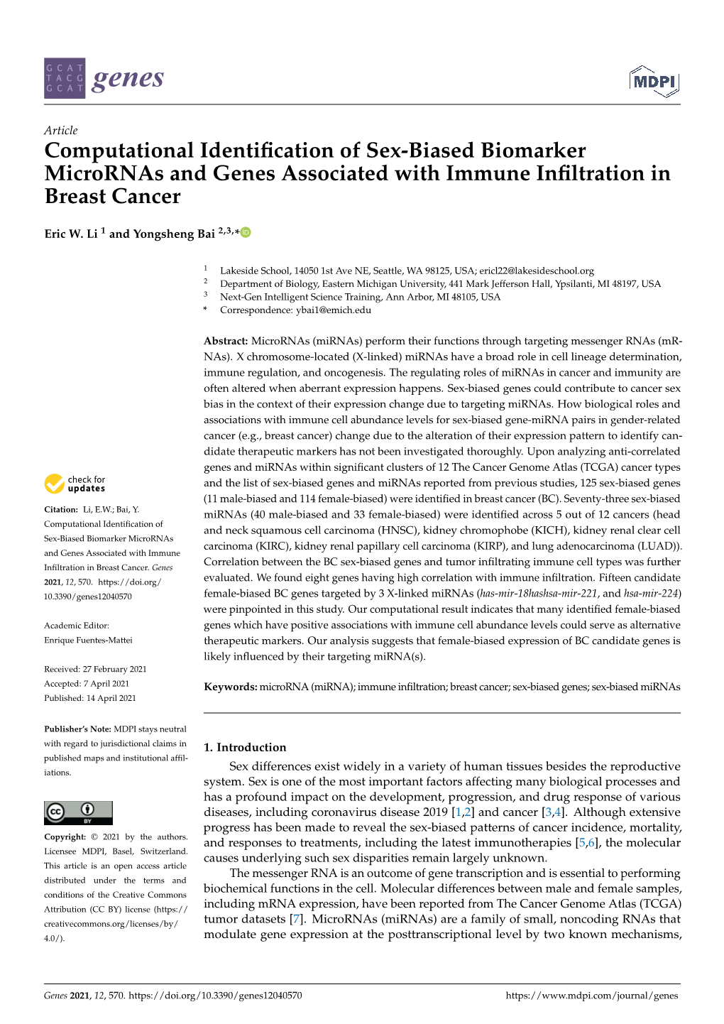 Computational Identification of Sex-Biased Biomarker Micrornas and Genes Associated with Immune Infiltration in Breast Cancer
