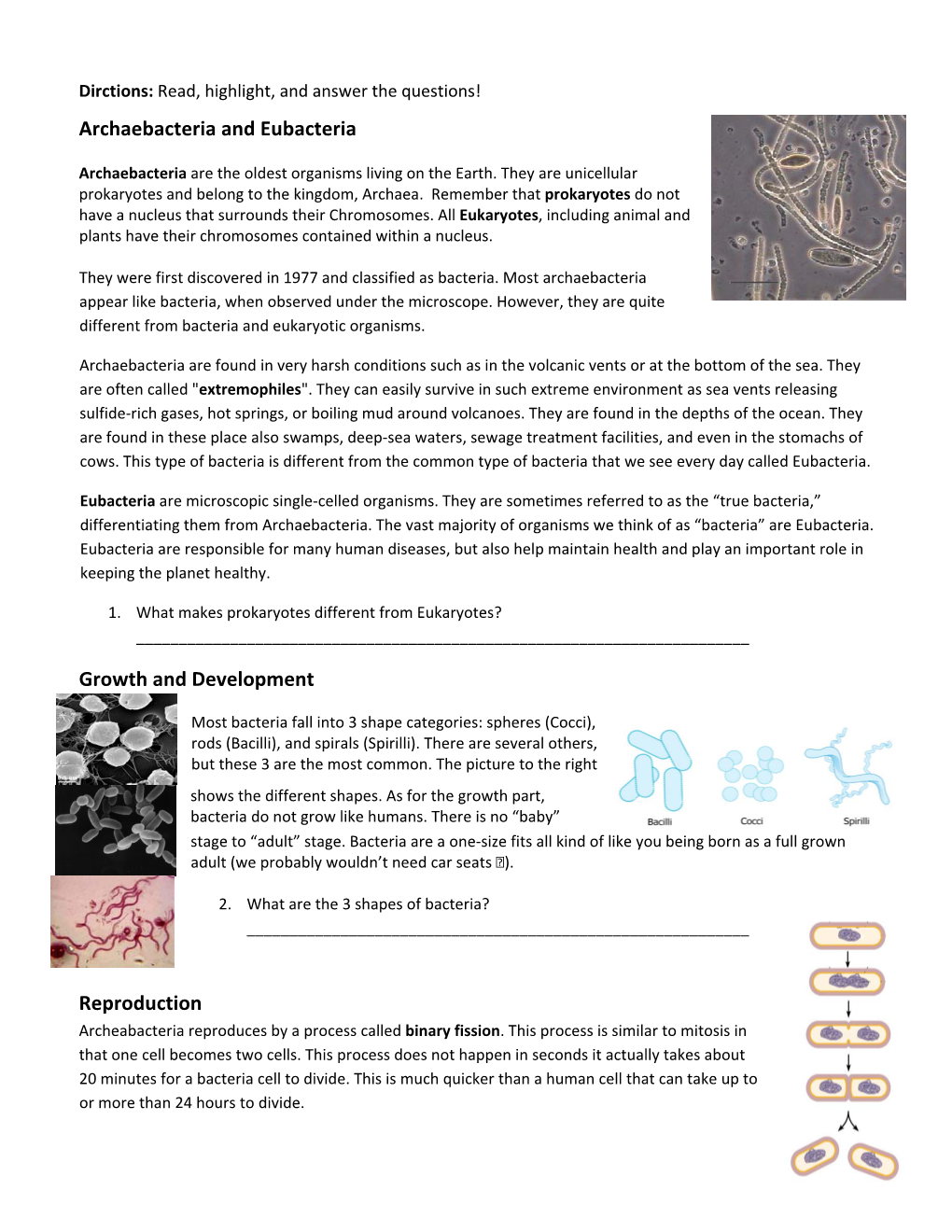 Archaebacteria and Eubacteria Growth and Development Reproduction