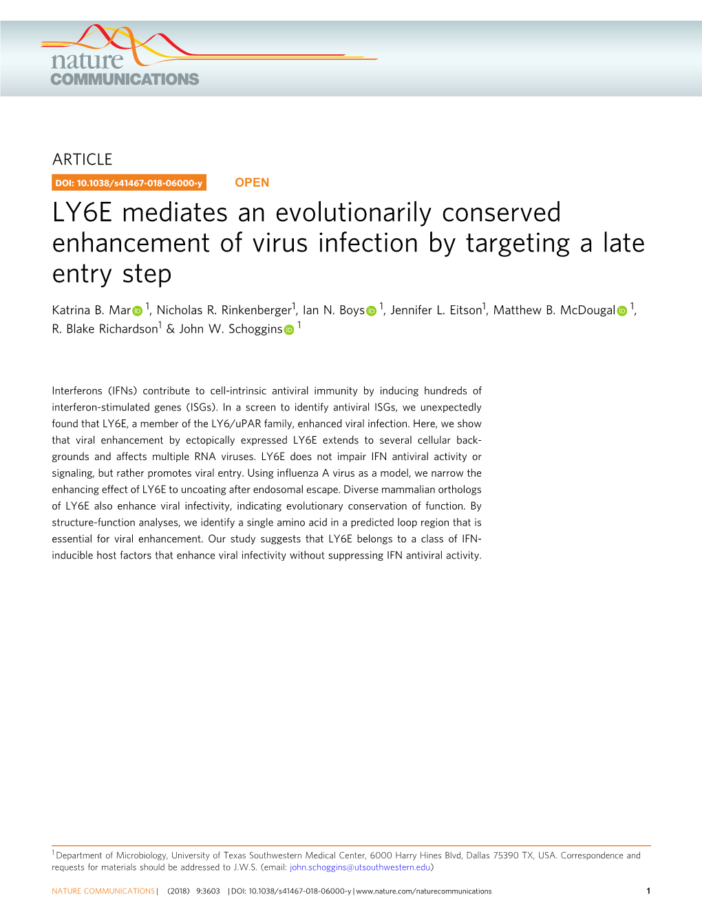LY6E Mediates an Evolutionarily Conserved Enhancement of Virus Infection by Targeting a Late Entry Step