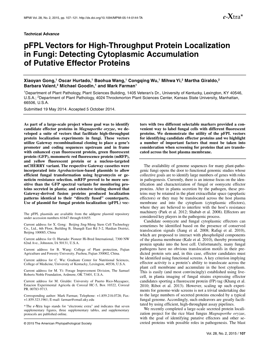 Pfpl Vectors for High-Throughput Protein Localization in Fungi: Detecting Cytoplasmic Accumulation of Putative Effector Proteins