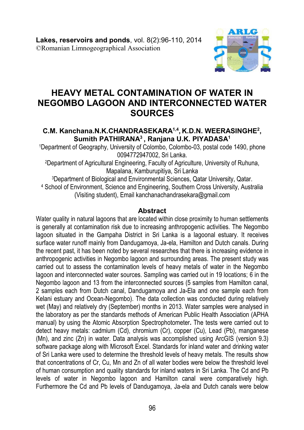 Heavy Metal Contamination of Water in Negombo Lagoon and Interconnected Water Sources