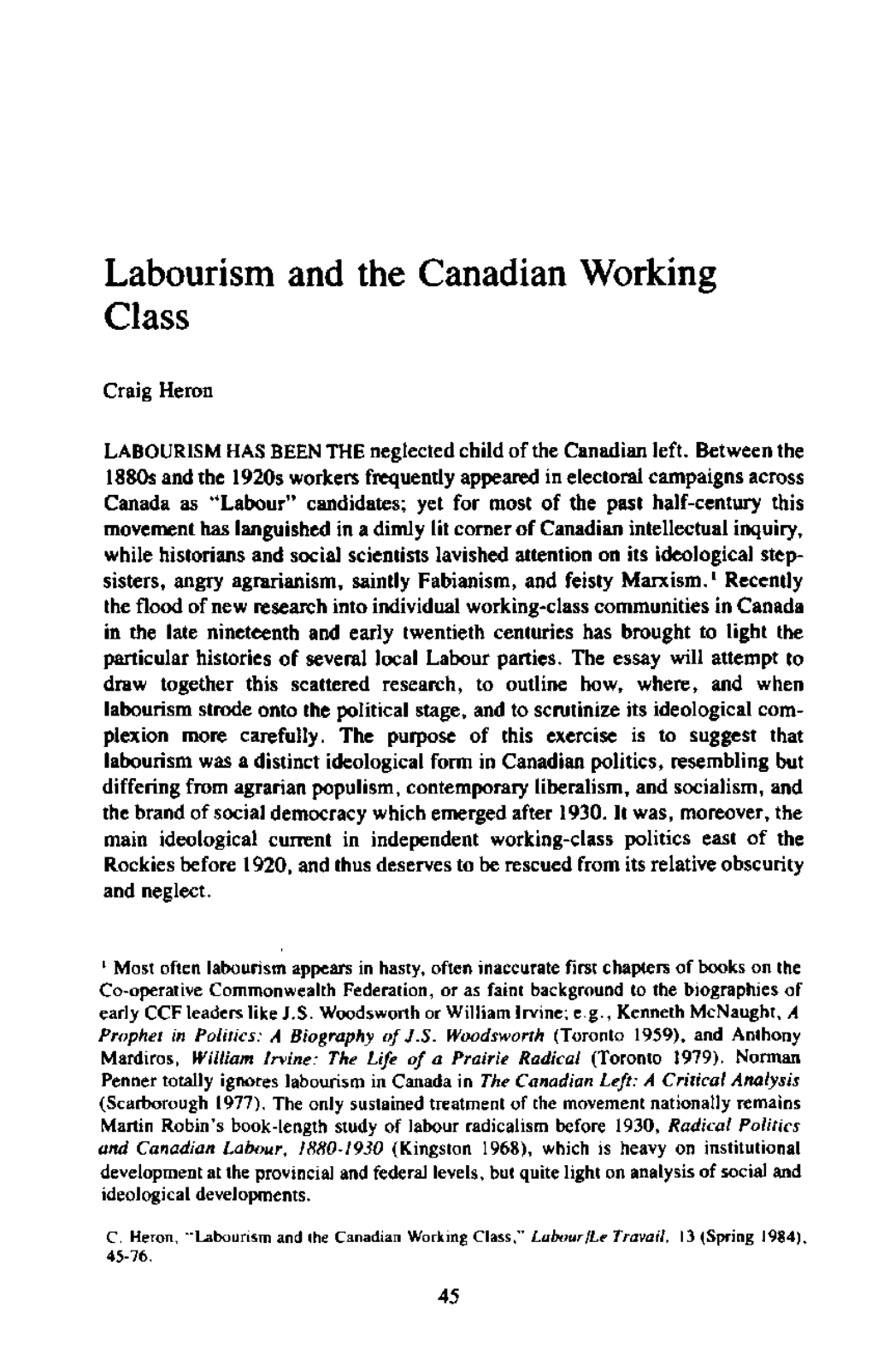 Labourism and the Canadian Working Class