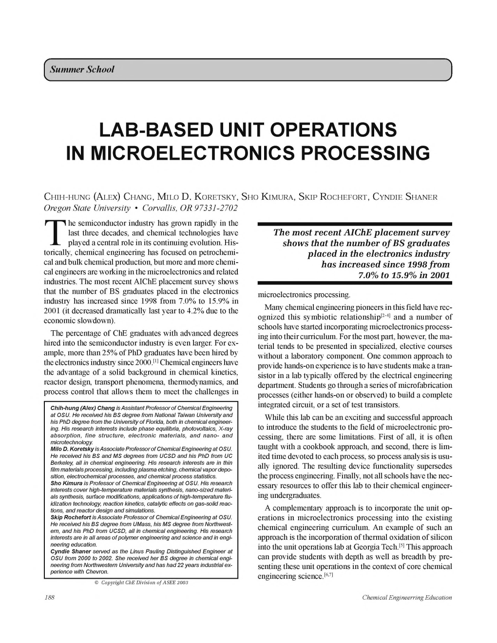 Lab-Based Unit Operations in Microelectronics Processing