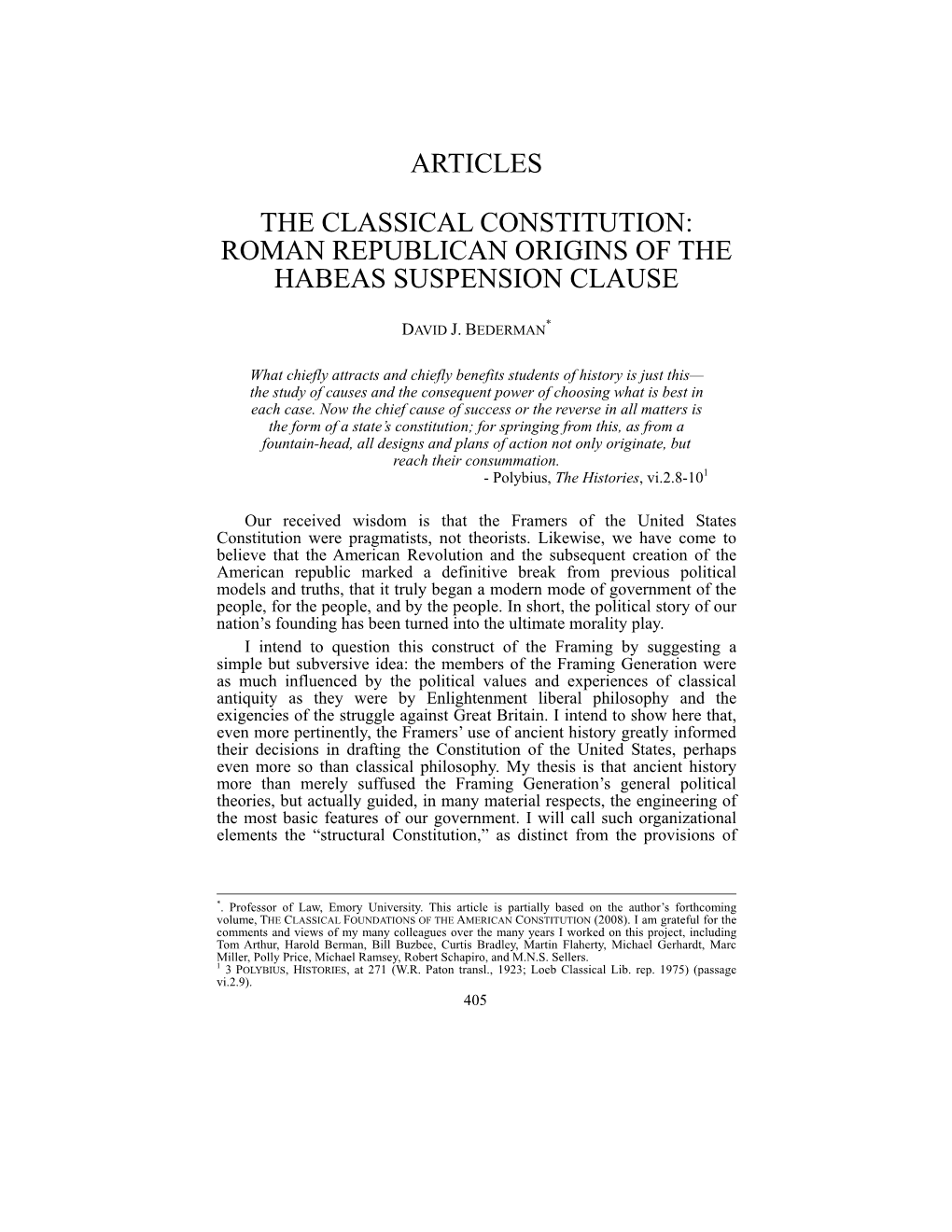 The Classical Constitution: Roman Republican Origins of the Habeas Suspension Clause