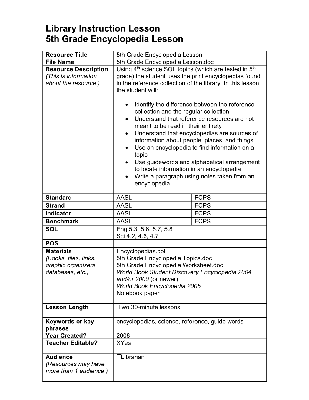 Library Instruction Lesson Database Template