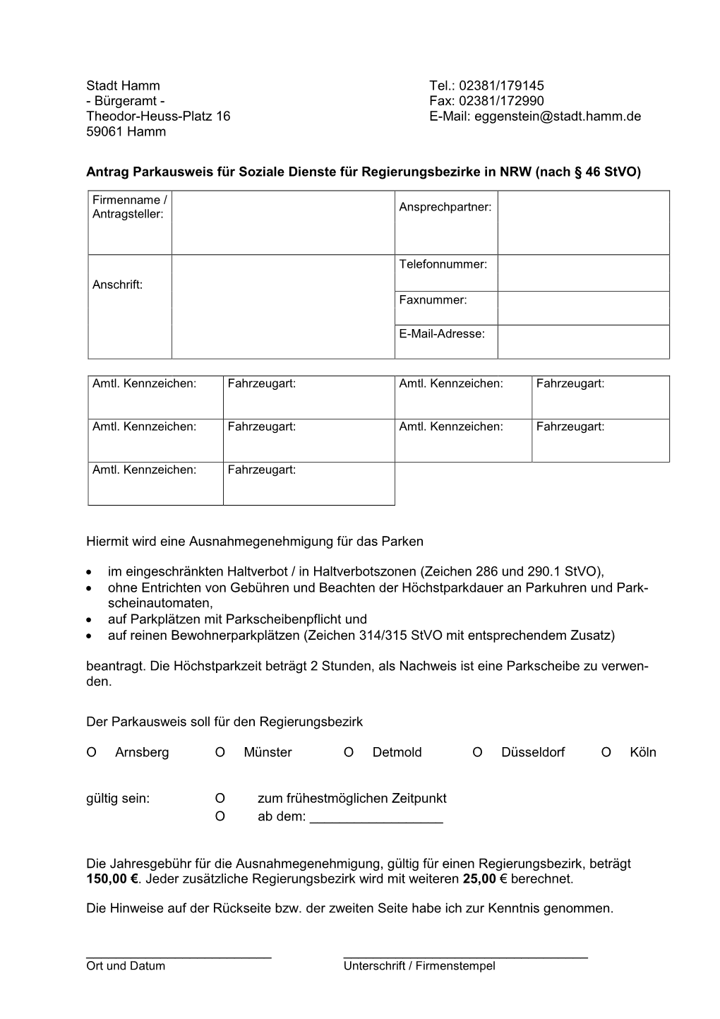 Bürgeramt - Fax: 02381/172990 Theodor-Heuss-Platz 16 E-Mail: Eggenstein@Stadt.Hamm.De 59061 Hamm