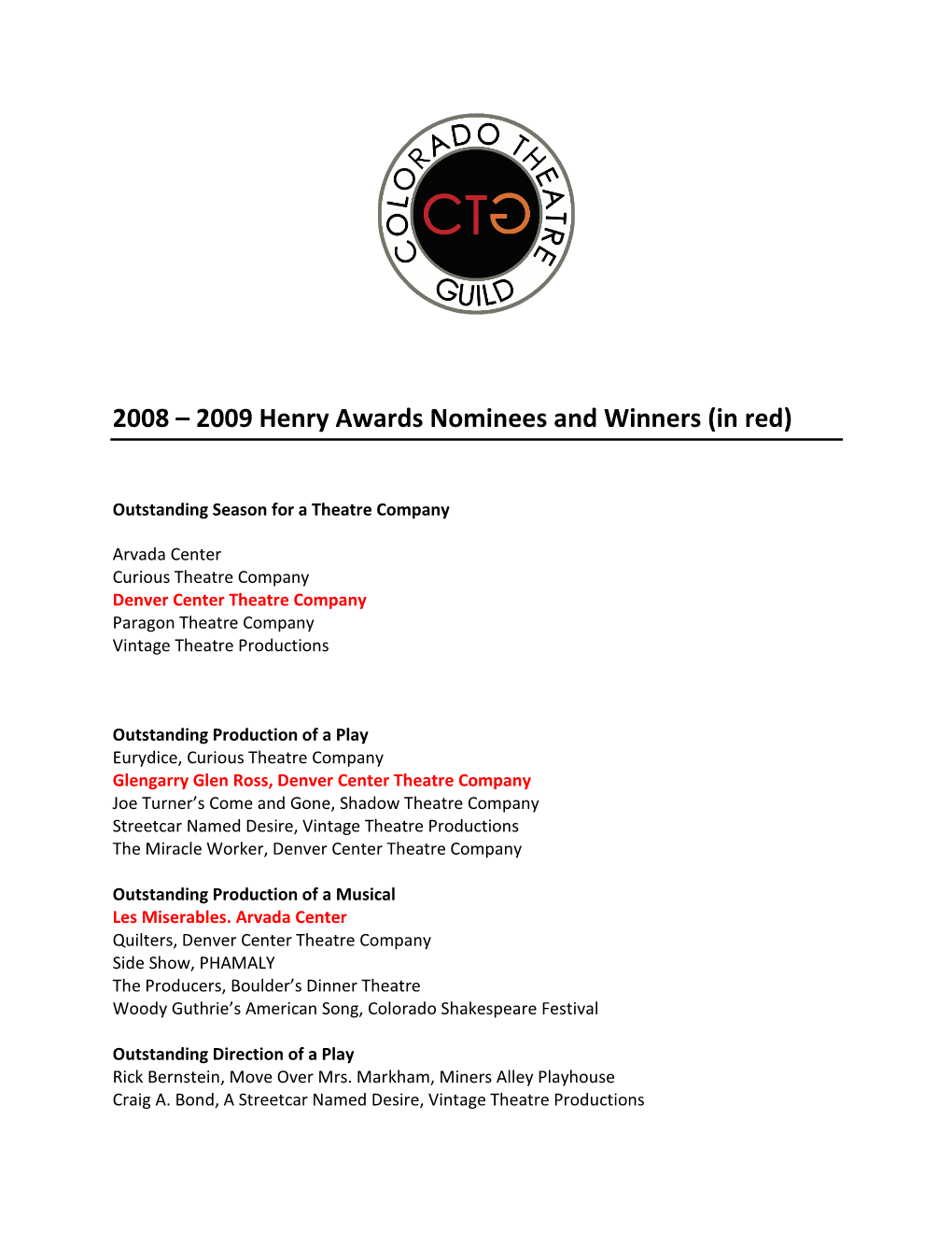 2008 – 2009 Henry Awards Nominees and Winners (In Red)