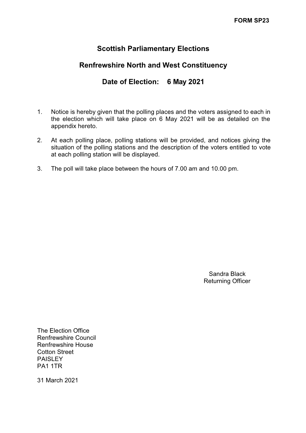 Scottish Parliamentary Elections Renfrewshire North and West