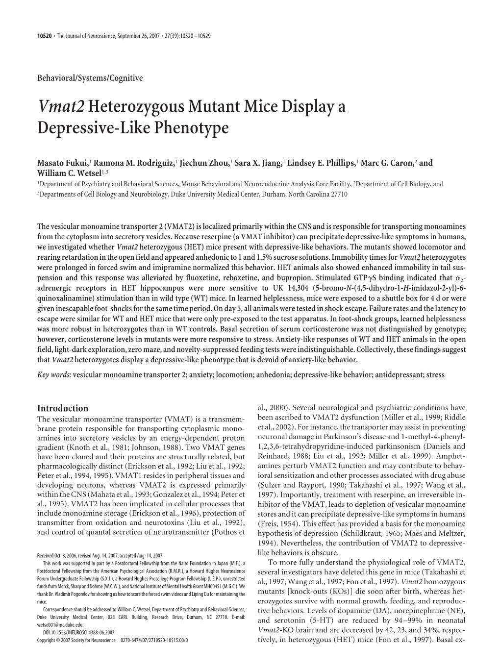 Vmat2heterozygous Mutant Mice Display a Depressive-Like Phenotype