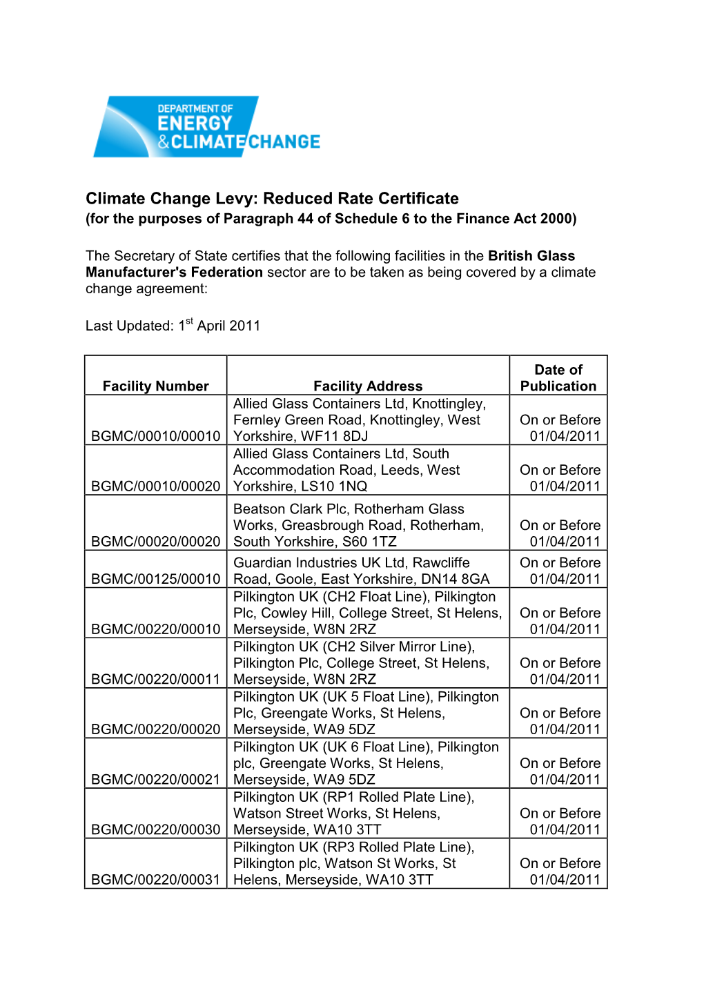 Climate Change Levy: Reduced Rate Certificate (For the Purposes of Paragraph 44 of Schedule 6 to the Finance Act 2000)