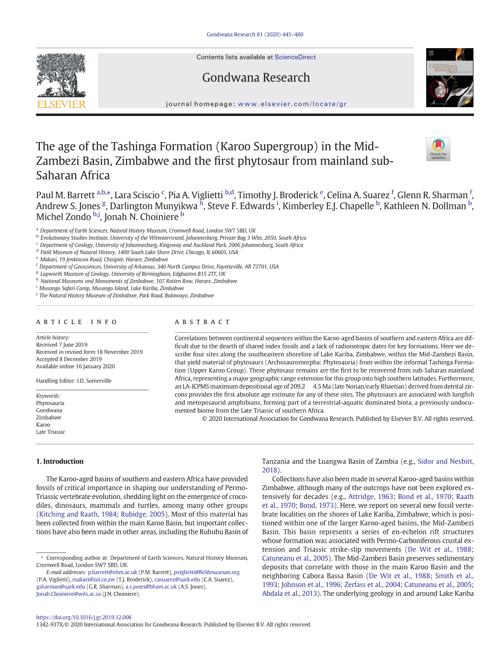 The Age of the Tashinga Formation (Karoo Supergroup) in the Mid- Zambezi Basin, Zimbabwe and the ﬁrst Phytosaur from Mainland Sub- Saharan Africa