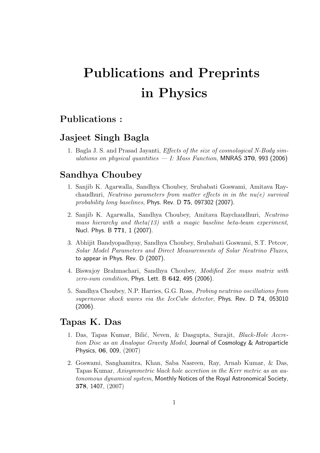 Publications and Preprints in Physics