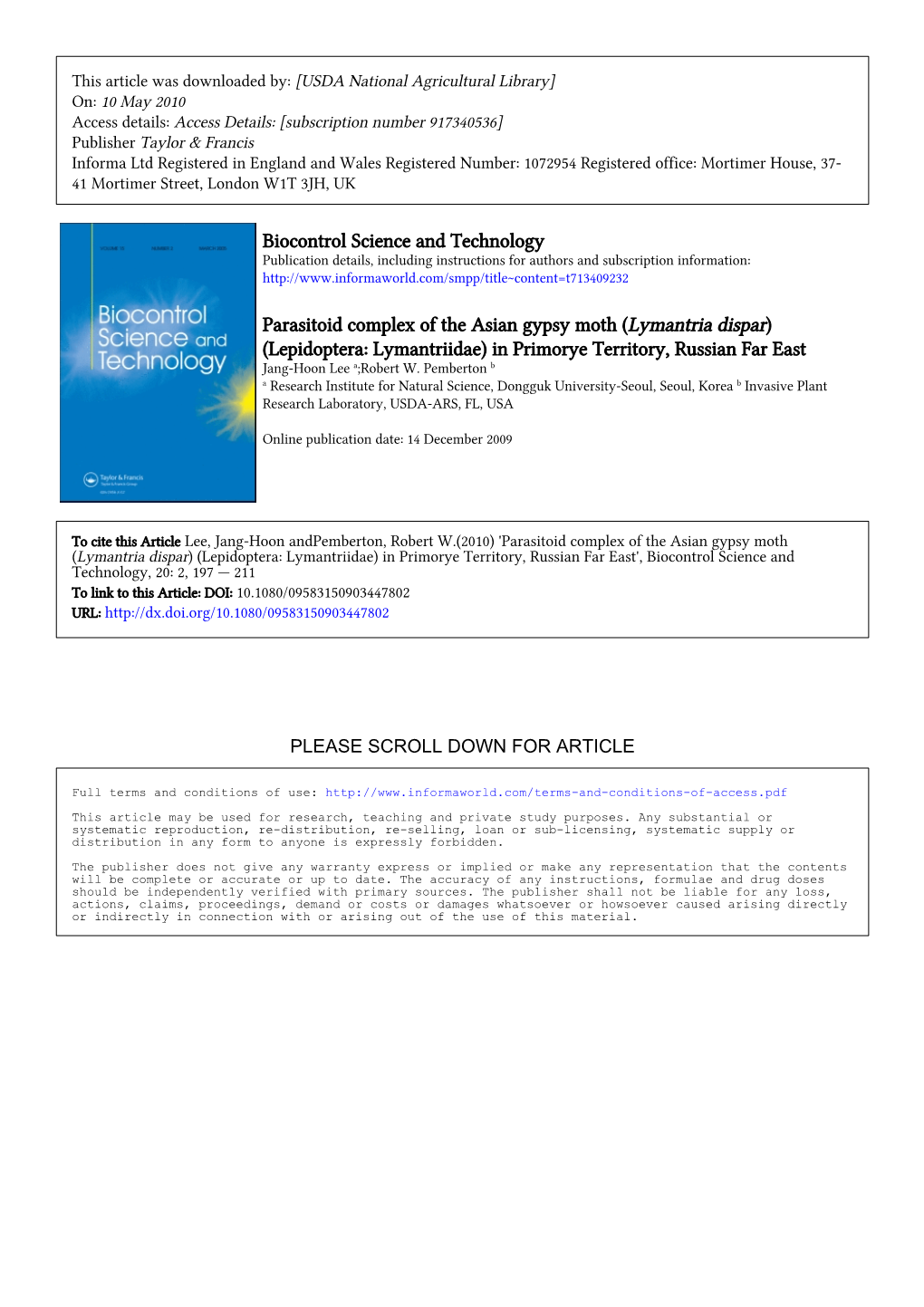 Biocontrol Science and Technology Parasitoid