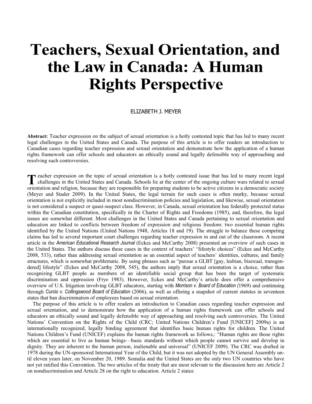 Teachers, Sexual Orientation, and the Law in Canada: a Human Rights Perspective