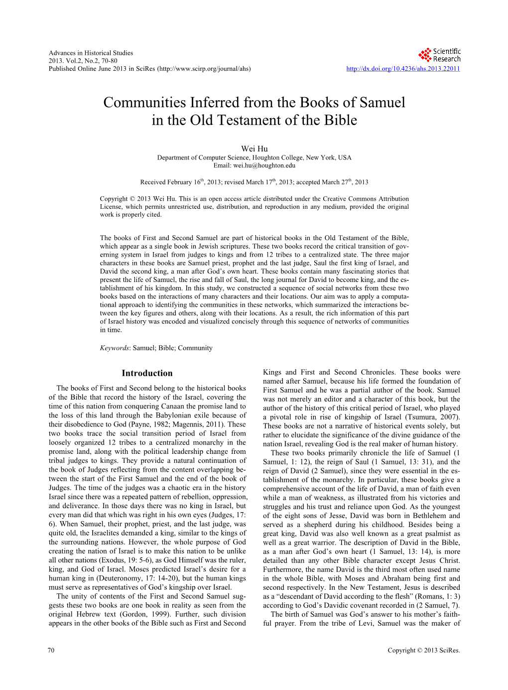 Communities Inferred from the Books of Samuel in the Old Testament of the Bible