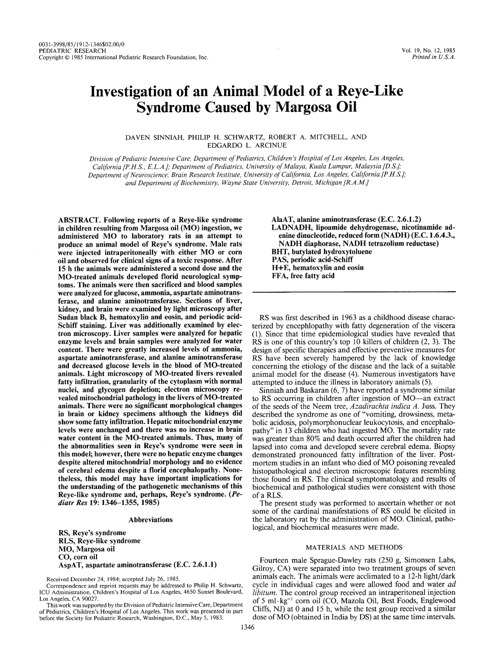 Investigation of an Animal Model of a Reye-Like Syndrome Caused by Margosa Oil