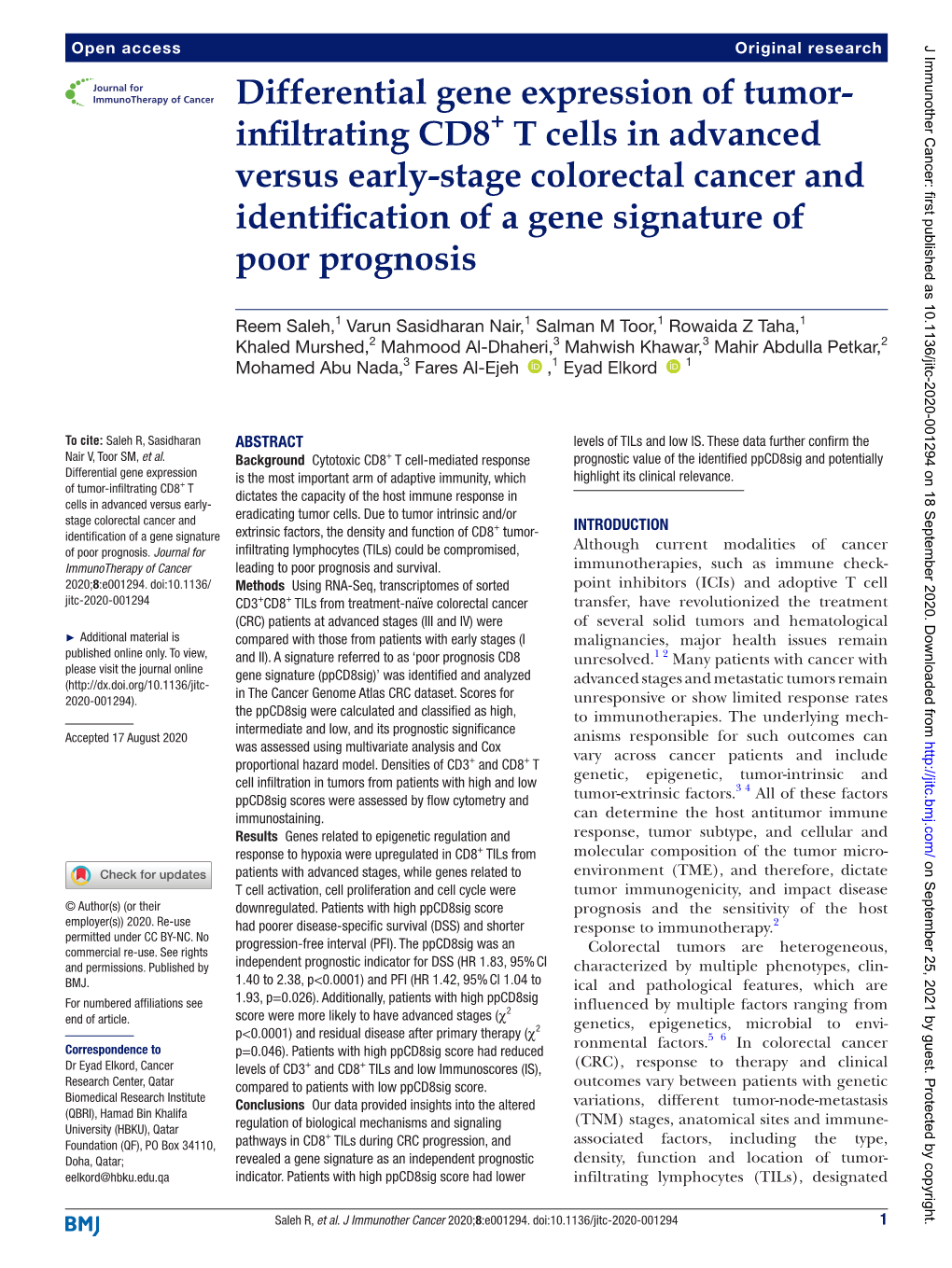 Differential Gene Expression of Tumor-Infiltrating CD8+ T Cells In