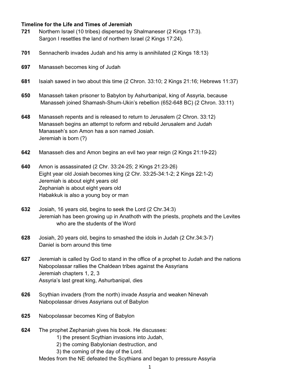 1 Timeline for the Life and Times of Jeremiah 721 Northern Israel (10