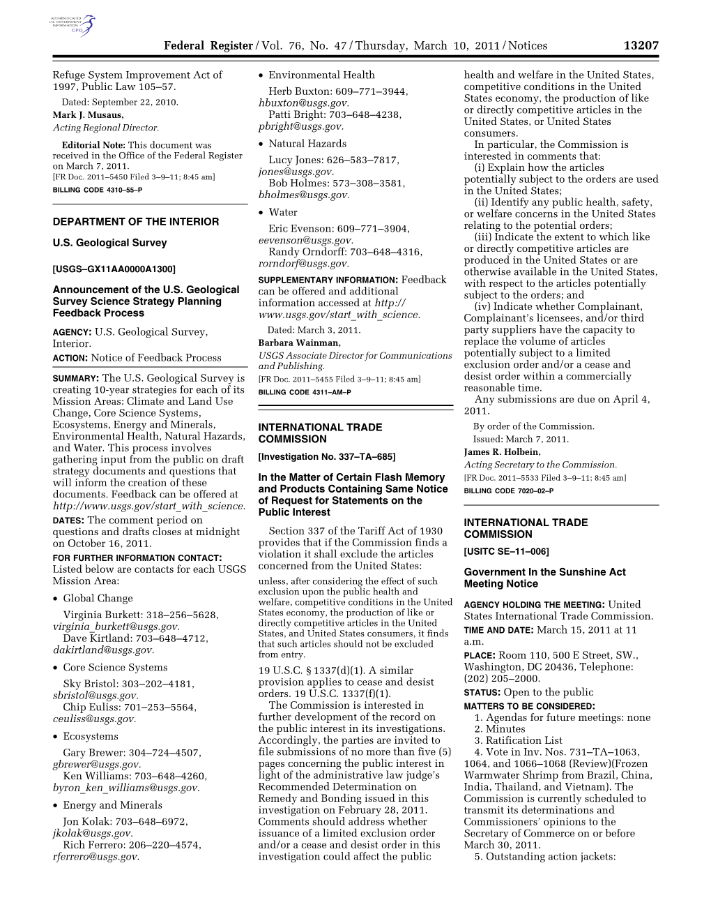 Federal Register/Vol. 76, No. 47/Thursday, March 10, 2011/Notices